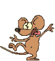 Brown cartoon mouse with large ears, pink tongue, and black nose in various dynamic poses against gray background.