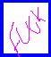 Pixelated static icon with blue border and abstract pink line art on white background, resembling a stylized figure or symbol.