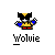 Pixel art buddy icon of a yellow cartoon character with black and blue accents, holding checkered flags in multiple animation frames.