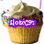 Pixelated cupcake with brown frosting and colorful sprinkles, purple banner reading 'I love', heart-shaped lollipops, and a rainbow-colored rose with 'Rox!' text.