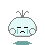 Pixelated character with light blue body, dark gray antennae, and teal tears on a gray background.