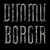 Pixelated silver text 'DINAMU BORGIR' on black background with circular metallic symbol containing intersecting lines and star-like shape.
