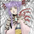 Pixelated character with purple hair, light skin, and dark clothing holding a yellow object against a gray background.