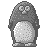 Pixelated grayscale penguin with rounded body, large eyes, and a small beak, standing upright against a solid gray background.