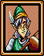 Pixel art elf character with green hat and tunic, holding a brown instrument against a light brown background.