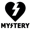 Black heart-shaped icon with white lightning bolt symbol and "MYSTERY" text below, all on solid white background.