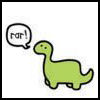 Green cartoon dinosaur with black outline stands facing left, emitting speech bubble containing 'rar!' text on white background.