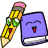 Pixelated icon shows a yellow pencil with pink eraser and green ferrule next to a purple book with closed eyes and open mouth expression.