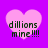 Four pink heart shapes on a purple background with text "dillions mine!!!" in pixelated font, each heart slightly blurred.