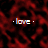 Red and black patterned background with repeated 'love' text in blue, orange, white, and yellow letters; small white heart shapes appear below some instances of the word.
