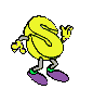 Yellow S-shaped character with purple shoes and green ankle bands, animated in multiple poses showing arm and leg movements against gray background.