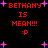 Red pixelated text 'BETHANY IS MEAN!!! :P' repeated in two with purple starbursts on black background, animated by shifting star positions