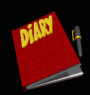 Red diary with yellow 'DIARY' text and gray pen on black background, transitioning through open and closed states.