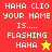 Pixelated text on colored backgrounds with a star symbol, displaying 'HAHA CLIO YOUR NAME IS.... FLASHING HAHA' in white letters.