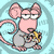 Pixelated pink mouse with large ears and gray clothing holds a yellow object against a light blue background with circular patterns.