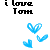 Black pixelated text reads 'i love Tom' above three blue heart icons on a white background.