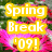Yellow rectangular blocks with white text reading 'Spring Break '09!' over a pixelated floral background of pink and green hues.