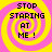 Four identical pixelated spiral patterns with yellow and pink colors, each containing the text "STOP STARING AT ME!" in black block letters.
