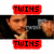 A pixelated image of a person holding a gun, with red 'TWINS' text above and below the figure on a white background.