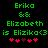 Green pixelated text reads 'Erika && Elizabeth is Eliziko<3' with red hearts below, two versions differ in heart color sequence.