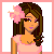 Pixel art contact sheet showing a female character in various poses with pink floral accessories, a tree, and the word 'cutie' on a white background.