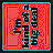 Pixelated icon with vertical black and cyan text on a red-orange gradient background bordered by teal lines.