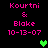 Pixelated text displays 'Kourtni & Blake 10-13-07' in pink on black background with green heart symbols appearing and disappearing.