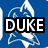 Blue background with white stylized dolphin outline, black text blocks reading DUKE ROCKS BY SAM over the design.