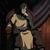 Pixelated character in green and yellow clothing seated on a brown chair with purple striped backdrop, showing subtle pose changes across frames.