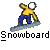 Pixelated icon of a person in yellow jacket and blue pants snowboarding on light blue board with white snowball held in right hand against gray background.