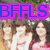 A static image shows three people in a group photo with large blue text "BFFLS" on a pink background above them.