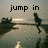 Pixelated image showing a figure mid-jump over water with 'jump in' text above, rendered in low-resolution style.