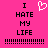 A static image with a bright pink background displays black pixelated text reading "I HATE MY LIFE" and a white pixelated heart symbol above the text.