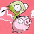 Pixelated cartoon character with green head and pink body on solid red background, static single-frame image.