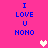 Pixelated text "I LOVE U NONO" in blue on bright pink background with white and light pink heart icons.
