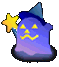 A cartoon wizard icon with a blue hat, purple body, yellow star wand, and smiling face appears in four variations showing subtle color shifts.