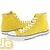 Four pairs of high-top sneakers in yellow, red, pink, and blue with white laces and soles, each paired with a name label below.