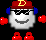 Pixelated character with red cap, blue headphones, black sunglasses, and gray smile, surrounded by red pixel clusters on black background.