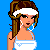A 5x5 contact sheet of pixel art frames showing a female character in white attire with repeated text elements on a blue background.