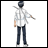 Pixelated character in white shirt and dark pants stands with arms slightly extended against white background, next to black with white text