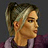 Pixelated profile view of a person with light brown hair tied in a high ponytail, wearing a purple top against a dark background.
