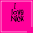Four identical pink square with white borders display 'I love Nick' text; top-right has a white heart, bottom-right has a white star