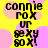 Yellow background with pink and peach circular shapes, black text reading 'connie rox ur sexy boi!' repeated in four identical sections.