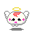 Pixelated angel icon with white body, pink cheeks, black eyes, and yellow halo in various poses against gray background.