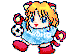 Pixelated anime-style character with blonde hair and blue eyes holds a soccer ball in various poses across four