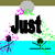 Pixelated animation with 'Just Dance' text, dancing stick figures in blue water, and floating gray spheres above.