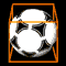 Nine orange-outlined cubes each contain a white soccer ball with black pentagonal patches, arranged in a on a black background