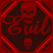 A pixelated icon with a red and dark brown color scheme featuring a large red skull above the word 'Evil' in red script, with a smaller red skull below.