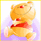 Pixelated cartoon bear with orange fur, red nose, and red shirt stands against purple background; left side shows forward pose, right side shows turned pose.