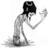 Pixelated grayscale figure with black hair, bent forward holding a long object resembling an anchor or tool.